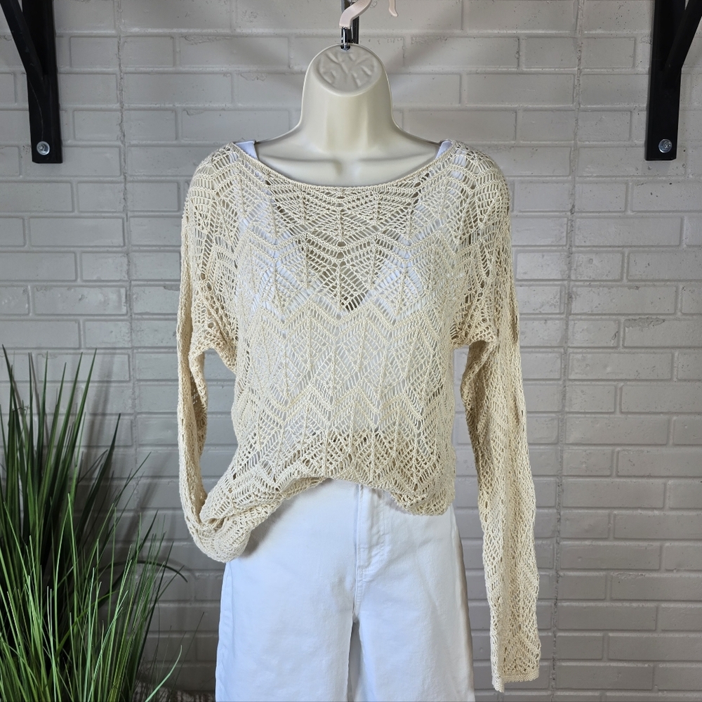Jeanne Pierre Cream Crochet Open Knit Sweater Medium